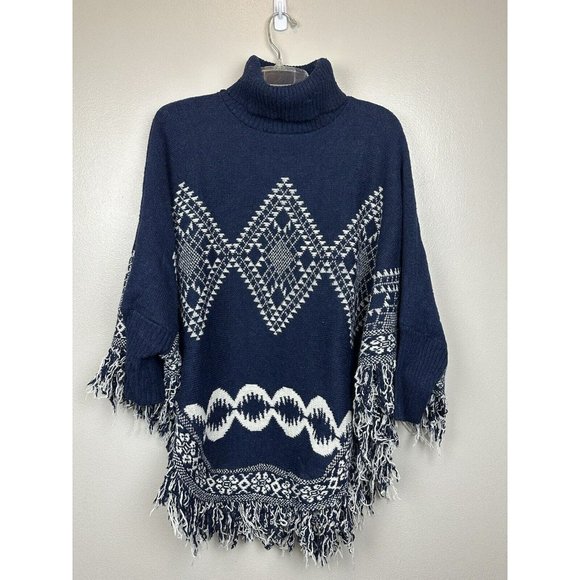 AZ Cape Poncho With Sleeves Navy With Boho Aztec Design - Picture 1 of 15